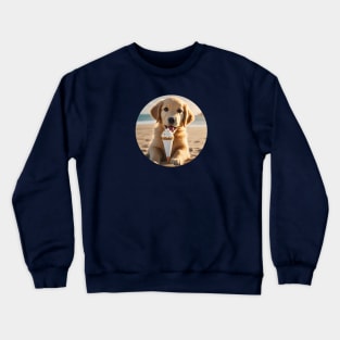 Cute Golden Retriever Puppy on a Beach With Ice Cream Crewneck Sweatshirt